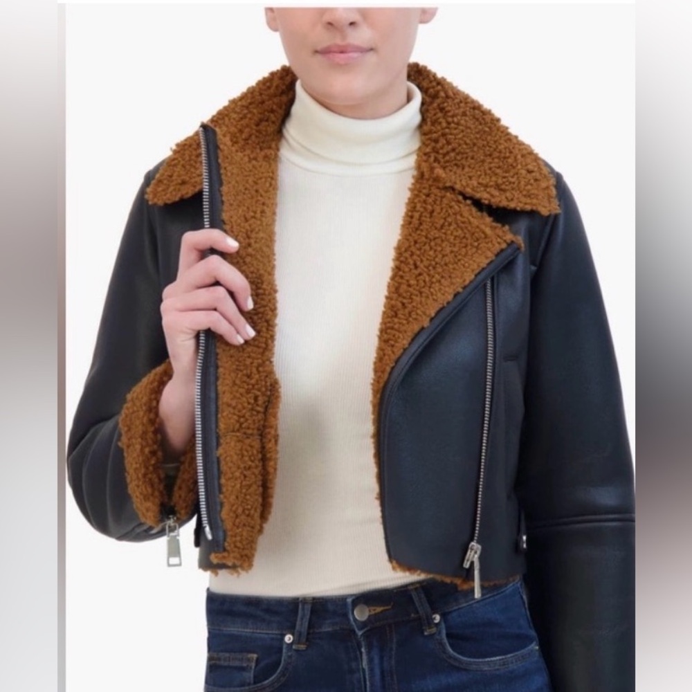 Rebecca Minkoff Black Vegan Leather shearling Jacket size XS, NWT